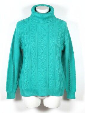 Wainscott Turquoise Cable Knit Turtleneck Sweater, Size M
